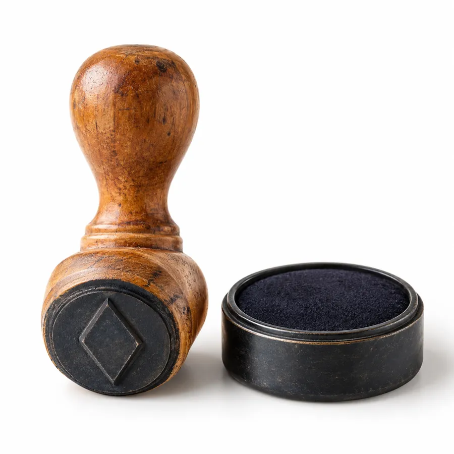 Generated image: wooden stamp with an ink pad.