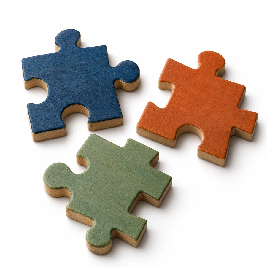 Generated image: three jigsaw pieces from different puzzles, which don't fit together.